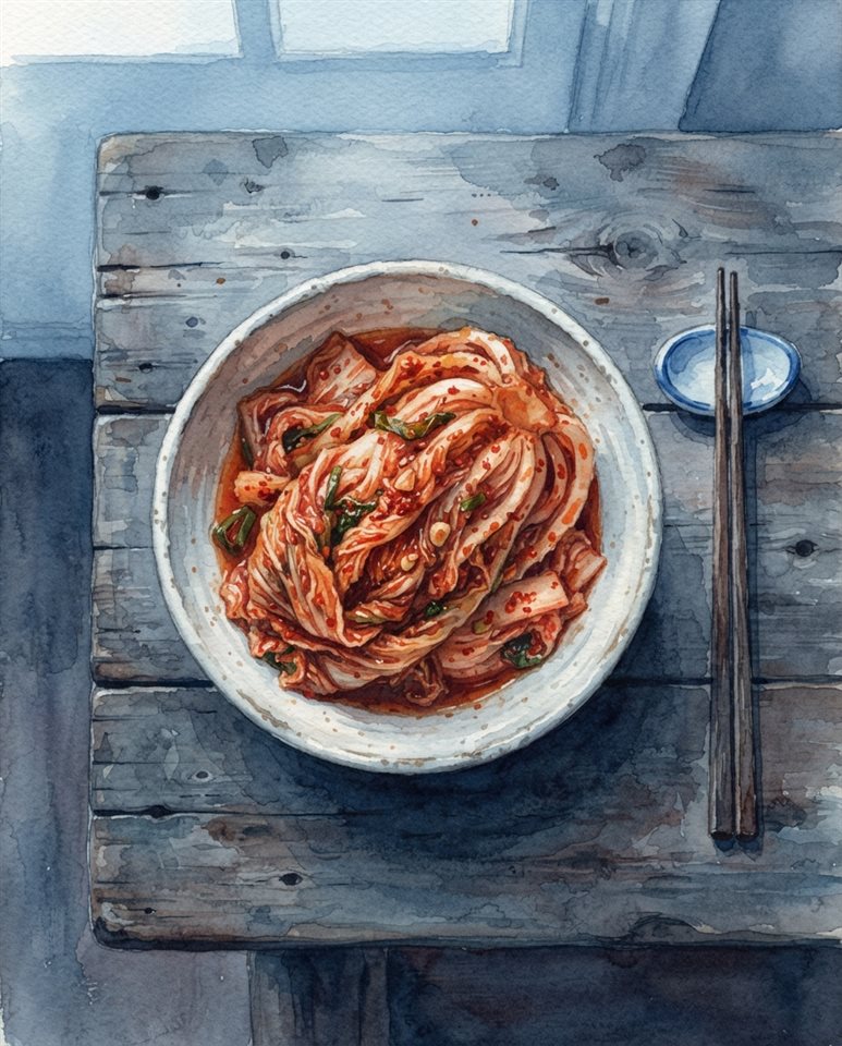 Watercolor illustration of a bowl of red napa cabbage kimchi on a wooden table, high-angle view from above, cool blue tones, quiet atmosphere, 4:5 aspect ratio