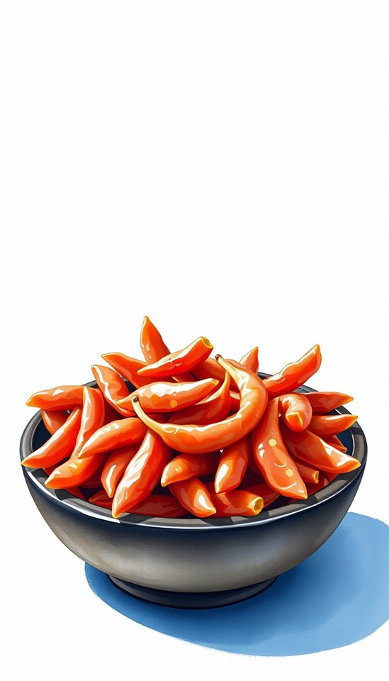 Watercolor illustration of Freshly made spicy red kimchi neatly arranged in a traditional ceramic pottery bowl, wide shot with open space at the top for text, cool blue tones, quiet atmosphere, 9:16 aspect ratio