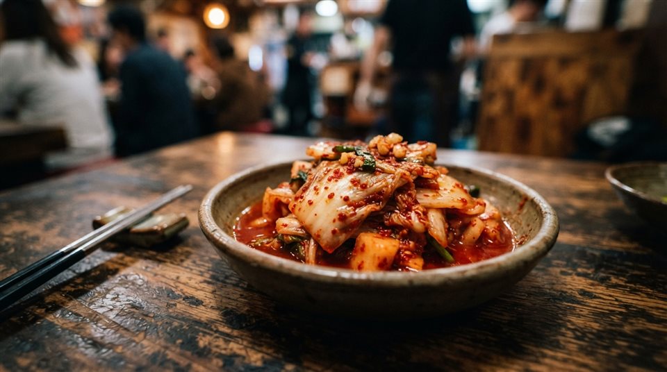 Cinematic film still of a bowl of red napa cabbage kimchi on a wooden table, close-up detail with shallow depth of field, vivid colors, high contrast, energetic, 16:9 aspect ratio