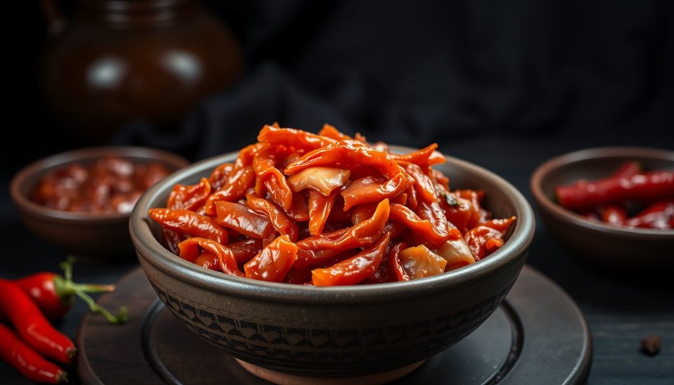 Photorealistic photo of Freshly made spicy red kimchi neatly arranged in a traditional ceramic pottery bowl, wide shot with open space at the top for text, moody dark tones, dramatic lighting, 16:9 aspect ratio