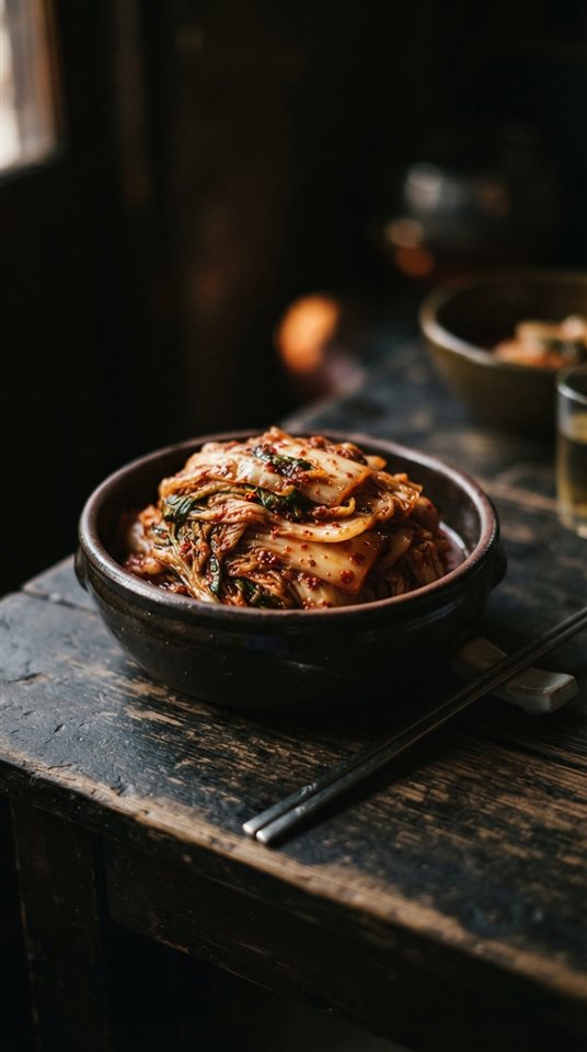 Photorealistic photo of a bowl of red napa cabbage kimchi on a wooden table, close-up detail with shallow depth of field, moody dark tones, dramatic lighting, 9:16 aspect ratio