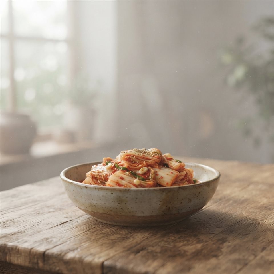 Soft 3D render of a bowl of red napa cabbage kimchi on a wooden table, wide shot with open space at the top for text, misty morning haze, dreamy, 1:1 aspect ratio
