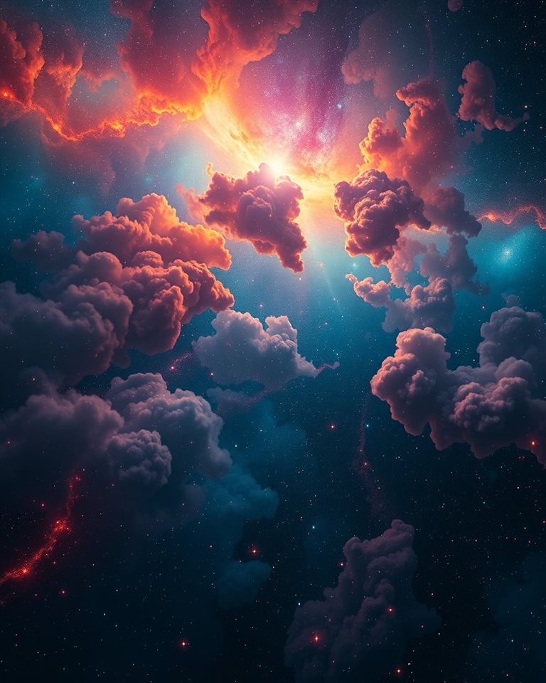 Cinematic film still of A breathtaking deep space view filled with glowing colorful cosmic dust clouds and distant sparkling stars., high-angle view from above, vivid colors, high contrast, energetic, 4:5 aspect ratio
