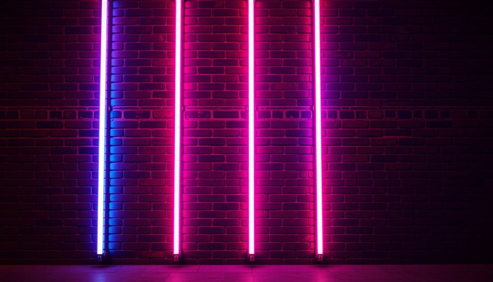 Photorealistic photo of Vibrant pink and blue glowing neon light tubes creating an abstract urban night atmosphere on a dark brick wall., centered subject with a simple uncluttered composition, warm golden light, calm mood, 16:9 aspect ratio