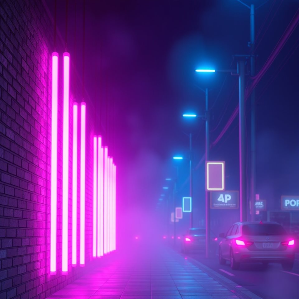 Soft 3D render of Vibrant pink and blue glowing neon light tubes creating an abstract urban night atmosphere on a dark brick wall., wide shot with open space at the top for text, misty morning haze, dreamy, 1:1 aspect ratio
