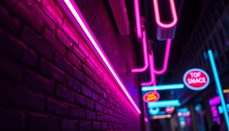 Cinematic film still of Vibrant pink and blue glowing neon light tubes creating an abstract urban night atmosphere on a dark brick wall., close-up detail with shallow depth of field, vivid colors, high contrast, energetic, 16:9 aspect ratio