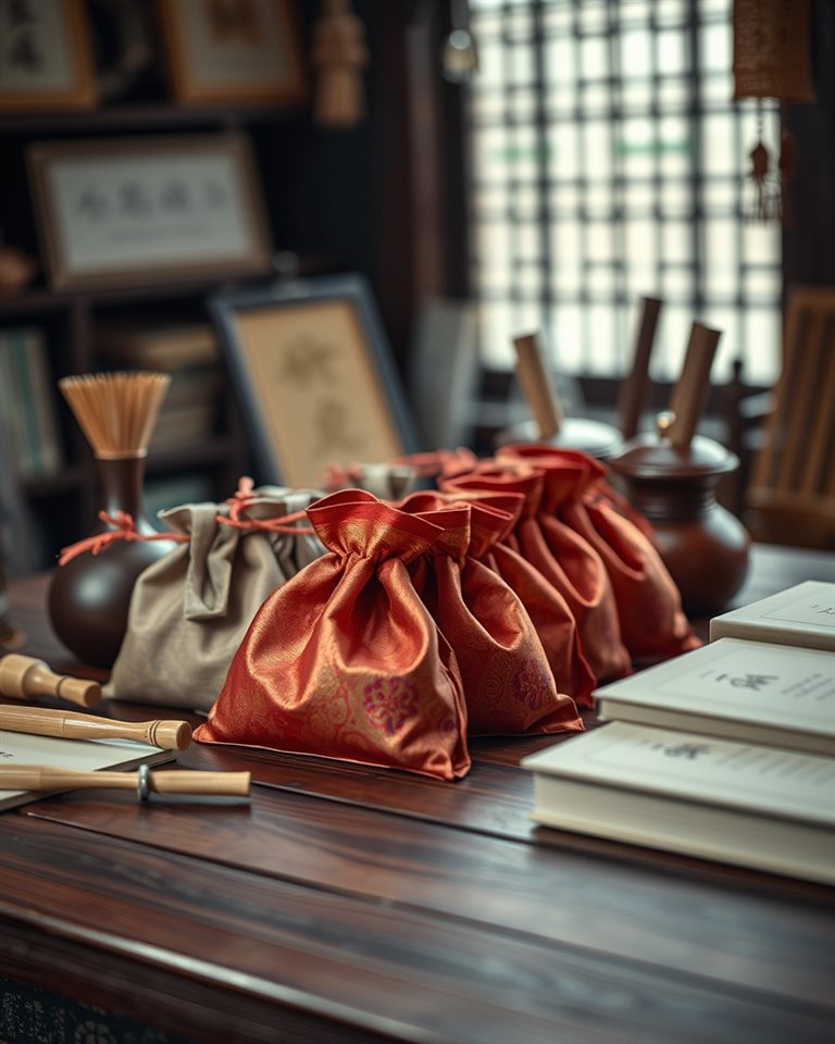 Photorealistic photo of Traditional silk pouches and traditional wooden props arranged neatly on a wooden table, close-up detail with shallow depth of field, moody dark tones, dramatic lighting, 4:5 aspect ratio
