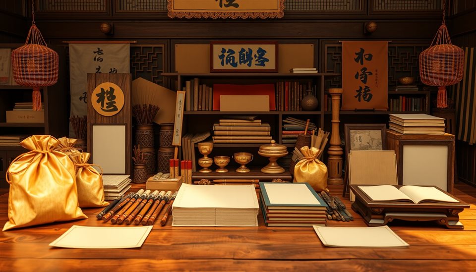 Photorealistic photo of Traditional silk pouches and traditional wooden props arranged neatly on a wooden table, wide shot with open space at the top for text, warm golden light, calm mood, 16:9 aspect ratio