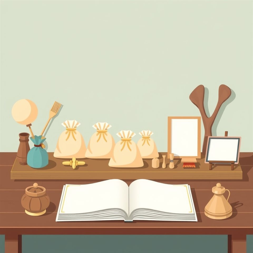 Minimal flat illustration of Traditional silk pouches and traditional wooden props arranged neatly on a wooden table, centered subject with a simple uncluttered composition, soft pastel colors, bright and cozy, 1:1 aspect ratio