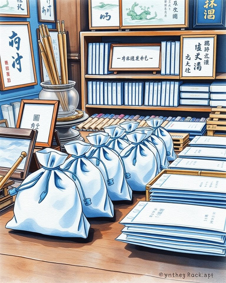 Watercolor illustration of Traditional silk pouches and traditional wooden props arranged neatly on a wooden table, close-up detail with shallow depth of field, cool blue tones, quiet atmosphere, 4:5 aspect ratio
