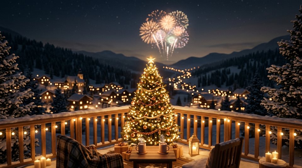 Render 3D suave de celebración de año nuevo con fuegos artificiales, sujeto centrado con una composición simple y despejada, luz dorada cálida, ambiente calmado, 16:9 aspect ratio