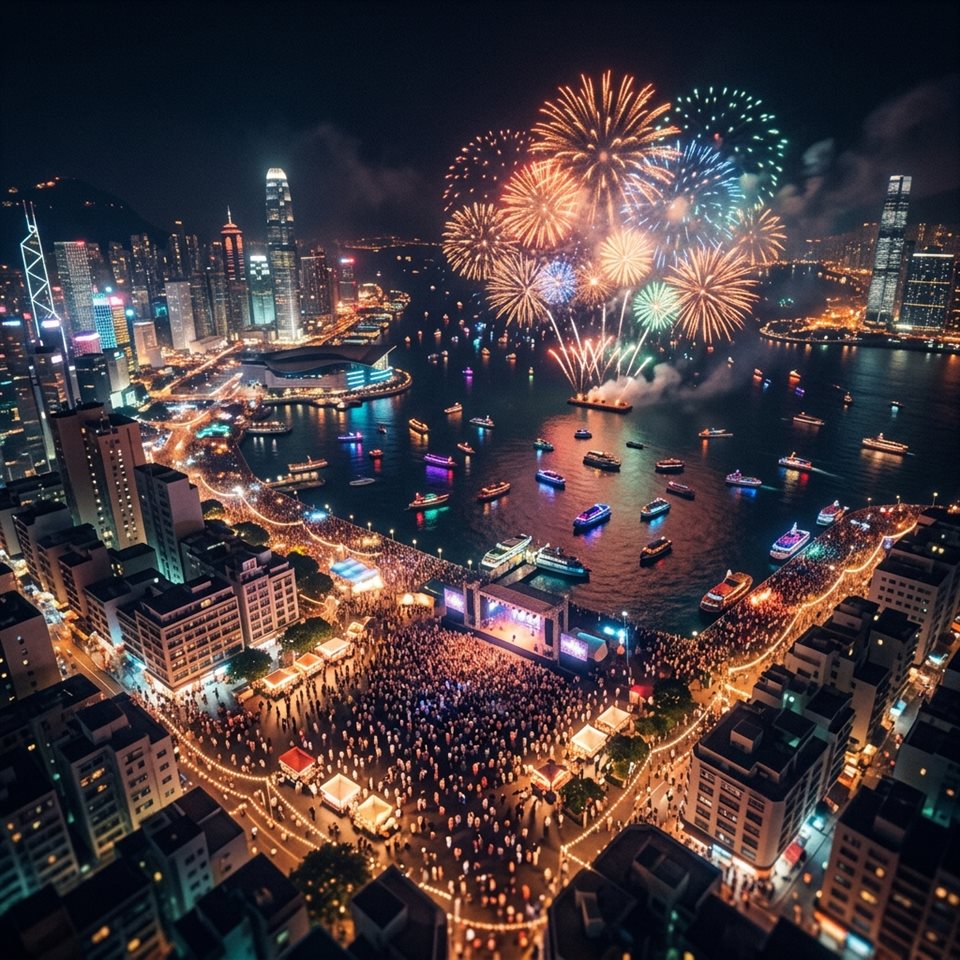 Render 3D suave de celebración de año nuevo con fuegos artificiales, vista de ángulo picado desde arriba, tonos oscuros melancólicos, iluminación dramática, 1:1 aspect ratio