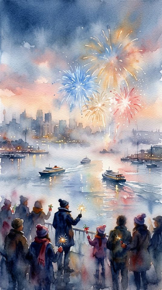 Ilustração em aquarela de celebração de ano novo com fogos de artifício, detalhe em close-up com profundidade de campo rasa, névoa matinal, sonhado, proporção 9:16