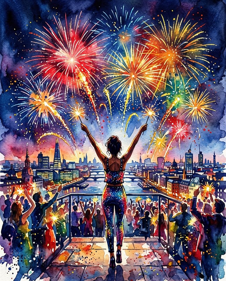Ilustração em aquarela de celebração de ano novo com fogos de artifício, assunto centralizado com composição simples e limpa, cores vívidas, alto contraste, enérgico, proporção 4:5
