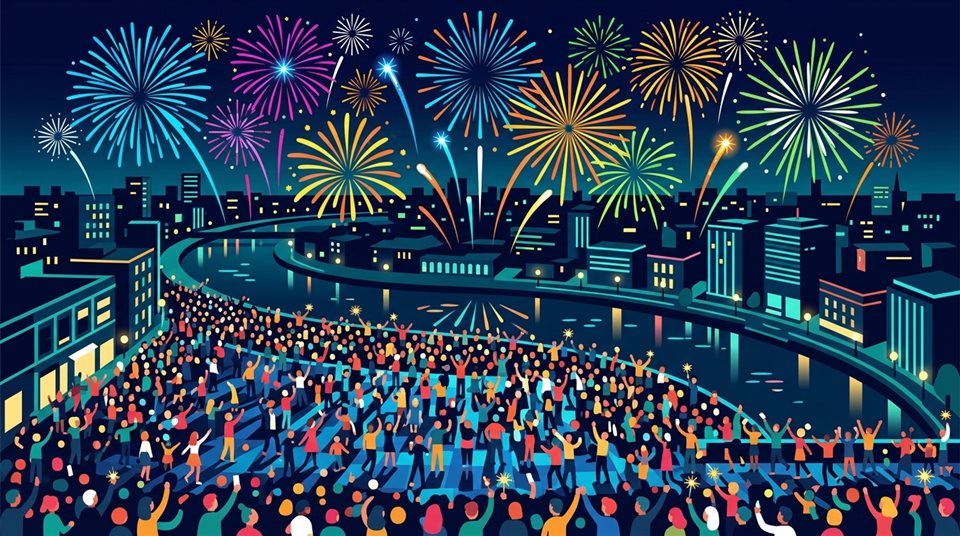 花火が打ち上がる新年のミニマルなフラットイラスト、見下ろす俯瞰構図、鮮やかな色彩、高いコントラスト、エネルギッシュな雰囲気、16:9比率