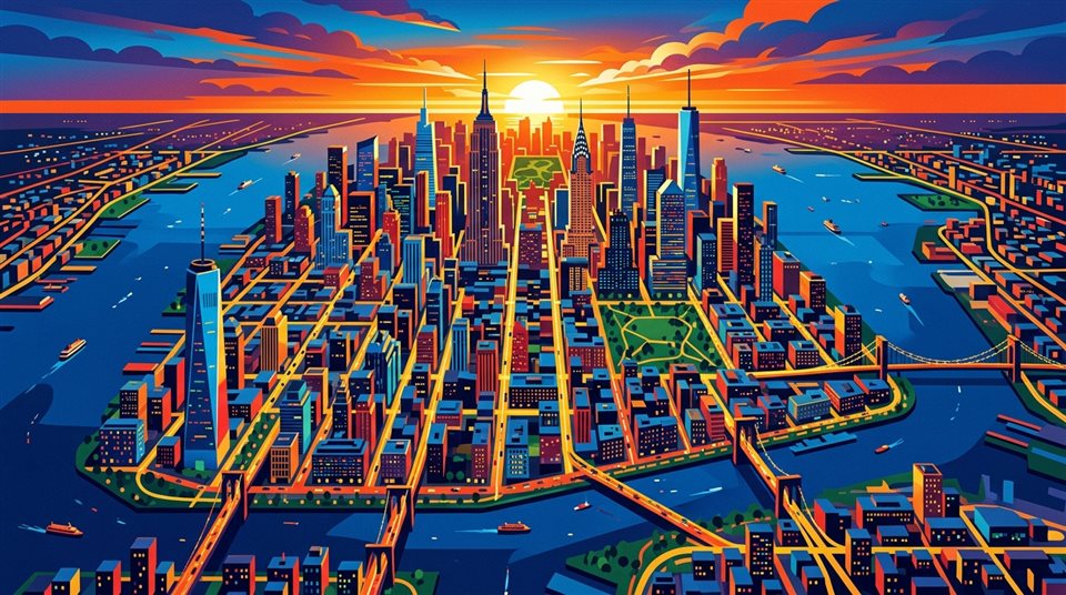 Ilustração plana minimalista do horizonte da cidade de Nova York, vista de cima em ângulo alto, cores vivas, alto contraste, enérgico, proporção 16:9