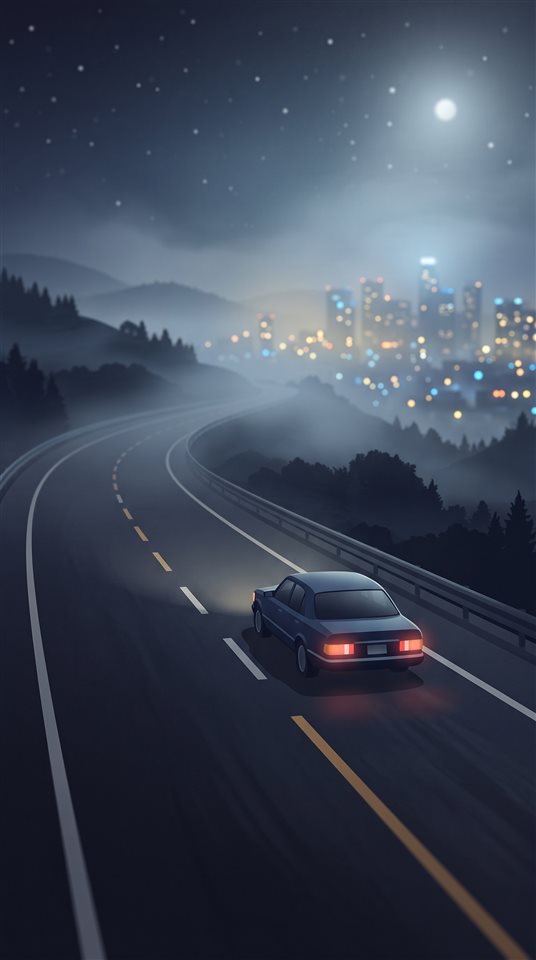 Ilustración plana minimalista de un coche conduciendo por una autopista vacía de noche con luces de la ciudad, detalle en primer plano con poca profundidad de campo, bruma matutina neblinosa, de sueño, relación de aspecto 9:16