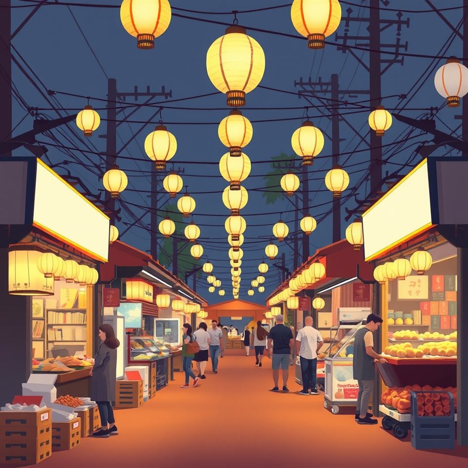 Minimal flat illustration of A bustling street food market illuminated by glowing paper lanterns and warm string lights at night., centered subject with a simple uncluttered composition, soft pastel colors, bright and cozy, 1:1 aspect ratio