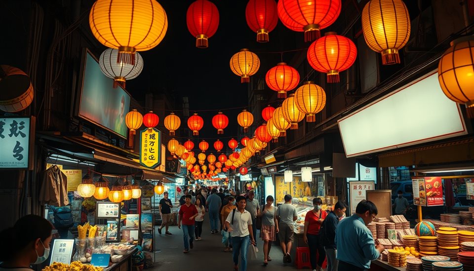 Cinematic film still of A bustling street food market illuminated by glowing paper lanterns and warm string lights at night., high-angle view from above, vivid colors, high contrast, energetic, 16:9 aspect ratio