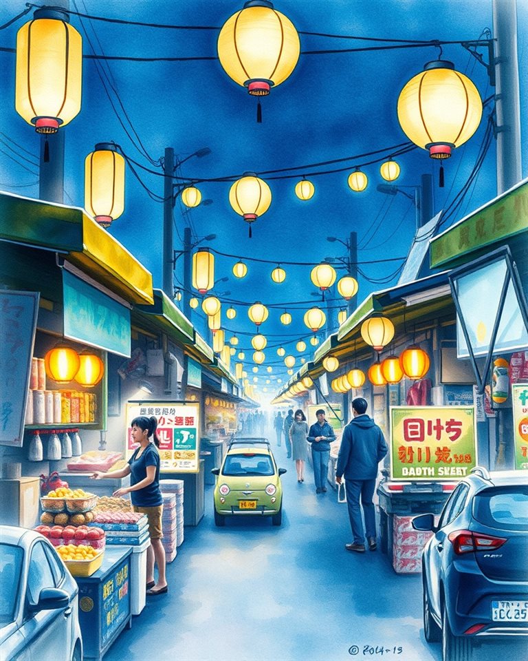 Watercolor illustration of A bustling street food market illuminated by glowing paper lanterns and warm string lights at night., close-up detail with shallow depth of field, cool blue tones, quiet atmosphere, 4:5 aspect ratio