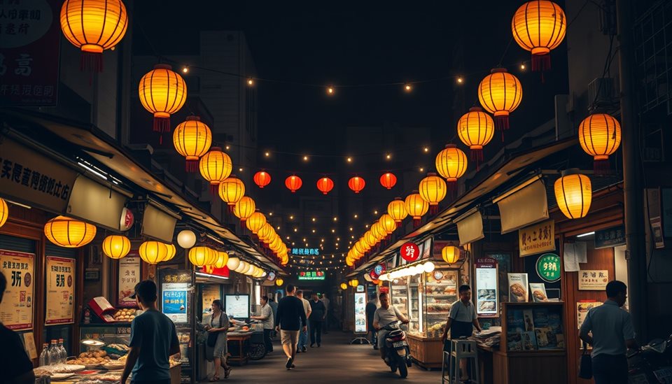 Photorealistic photo of A bustling street food market illuminated by glowing paper lanterns and warm string lights at night., wide shot with open space at the top for text, warm golden light, calm mood, 16:9 aspect ratio