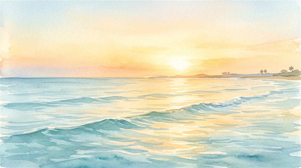 Watercolor illustration of calm turquoise ocean with gentle waves, wide shot with open space at the top for text, warm golden light, calm mood, 16:9 aspect ratio