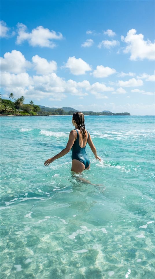Photorealistic photo of calm turquoise ocean with gentle waves, centered subject with a simple uncluttered composition, vivid colors, high contrast, energetic, 9:16 aspect ratio