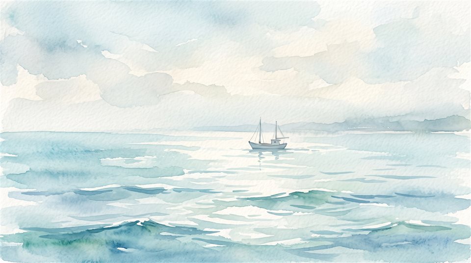 Watercolor illustration of calm turquoise ocean with gentle waves, centered subject with a simple uncluttered composition, misty morning haze, dreamy, 16:9 aspect ratio