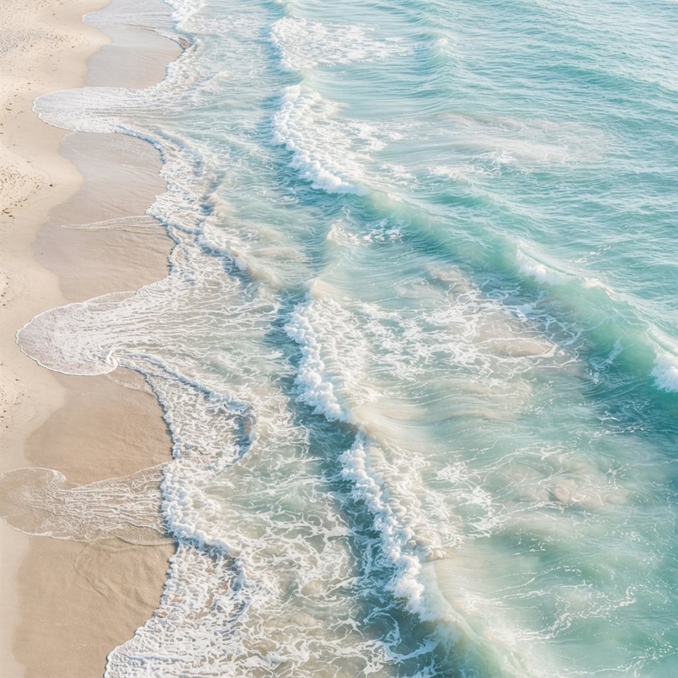 Photorealistic photo of ocean waves, high-angle view from above, soft pastel colors, bright and cozy, 1:1 aspect ratio