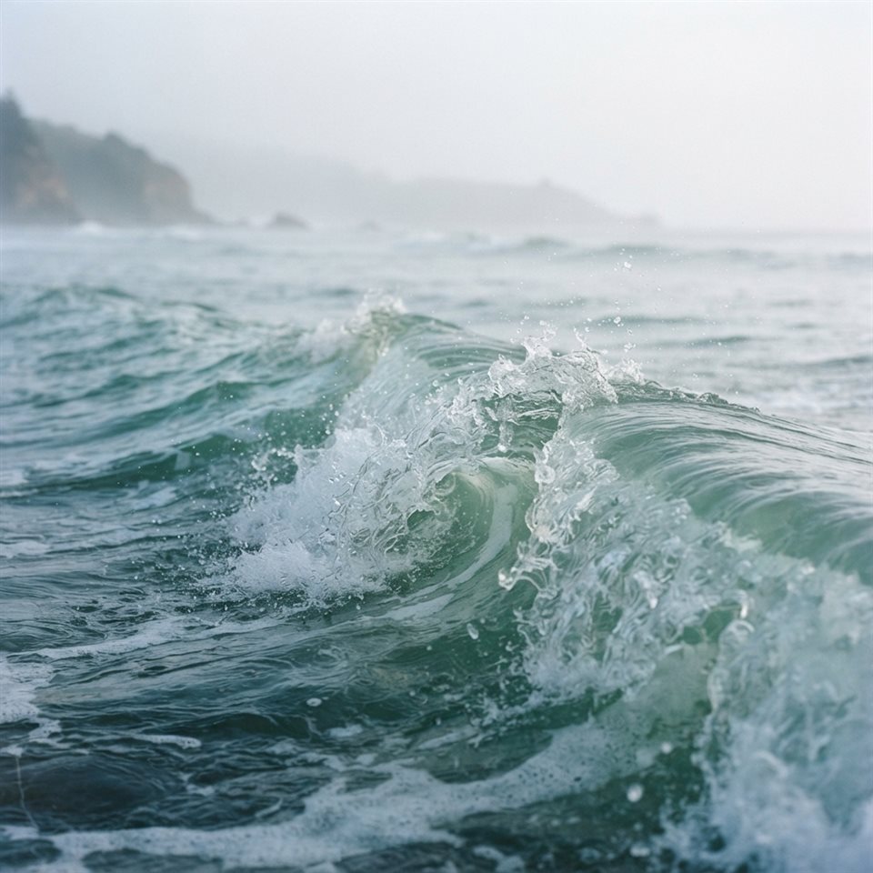 Photorealistic photo of ocean waves, close-up detail with shallow depth of field, misty morning haze, dreamy, 1:1 aspect ratio