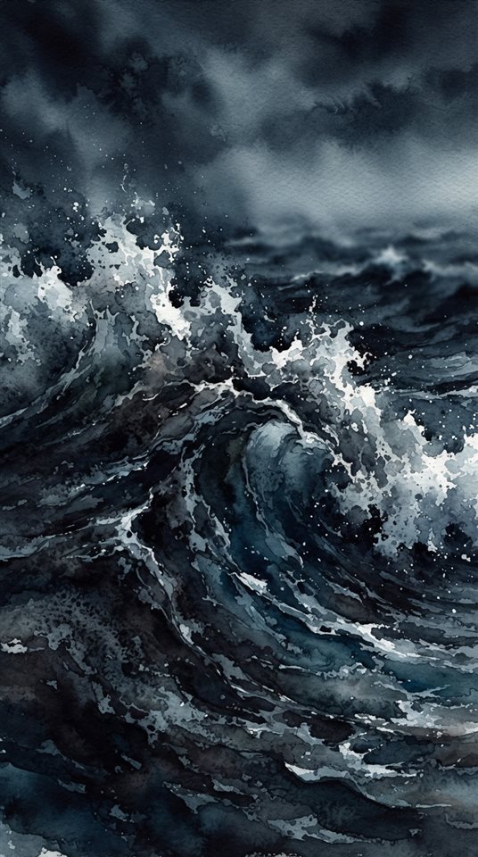 Watercolor illustration of ocean waves, close-up detail with shallow depth of field, moody dark tones, dramatic lighting, 9:16 aspect ratio