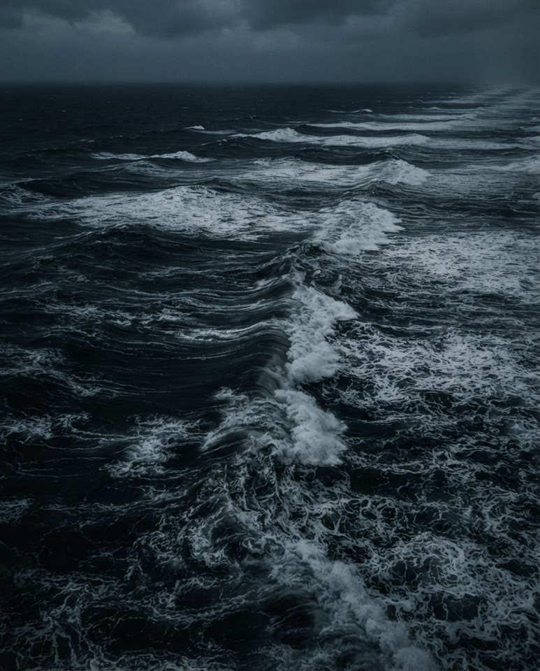 Cinematic film still of ocean waves, high-angle view from above, moody dark tones, dramatic lighting, 4:5 aspect ratio