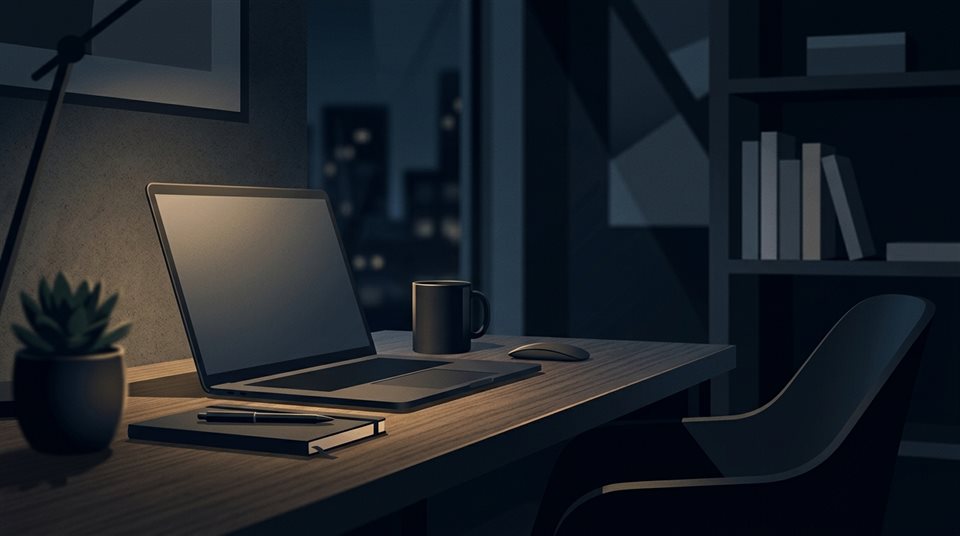 Ilustración plana minimalista de oficina moderna, plano detalle con poca profundidad de campo, tonos oscuros melancólicos, iluminación dramática, relación de aspecto 16:9