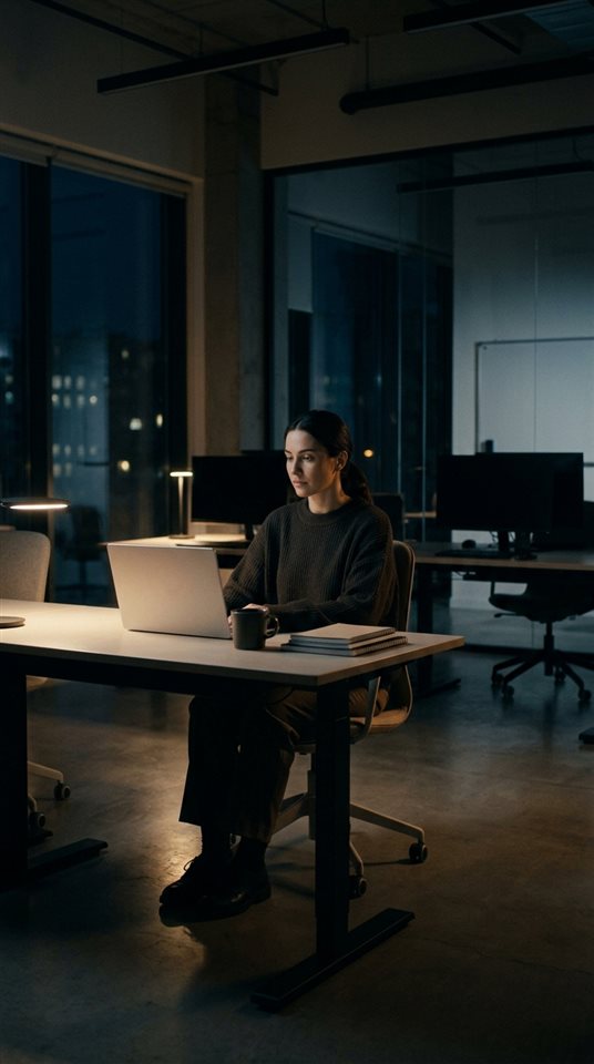 Cena de filme cinematográfico de um escritório moderno, assunto centralizado com uma composição simples e limpa, tons escuros melancólicos, iluminação dramática, proporção 9:16