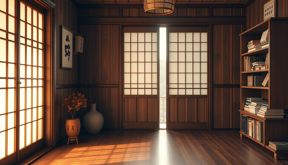 Photorealistic photo of Cozy traditional interior with warm wooden flooring and soft light passing through a paper sliding door, centered subject with a simple uncluttered composition, warm golden light, calm mood, 16:9 aspect ratio