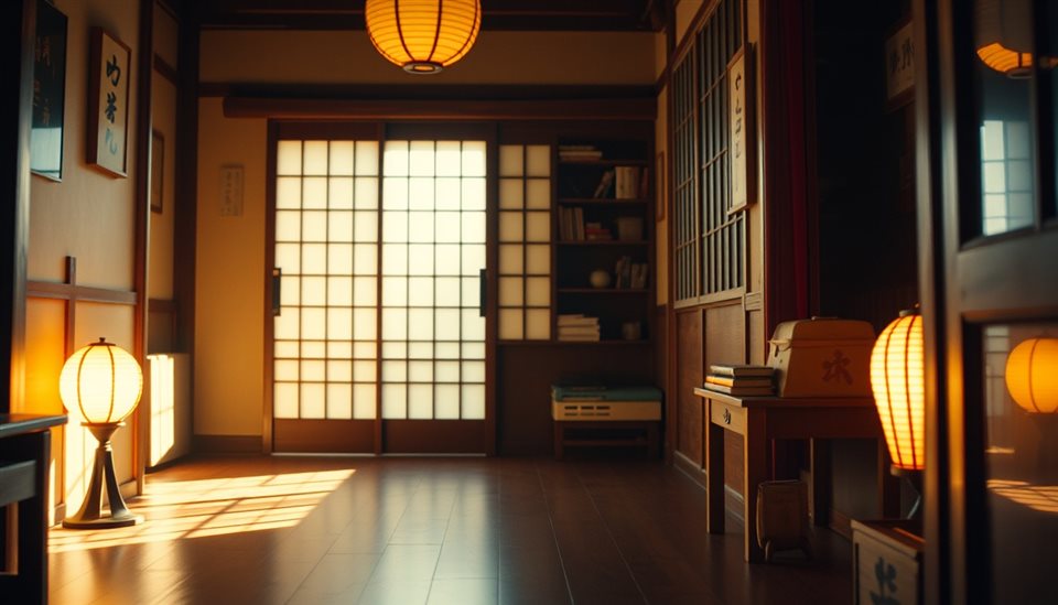 Cinematic film still of Cozy traditional interior with warm wooden flooring and soft light passing through a paper sliding door, close-up detail with shallow depth of field, vivid colors, high contrast, energetic, 16:9 aspect ratio