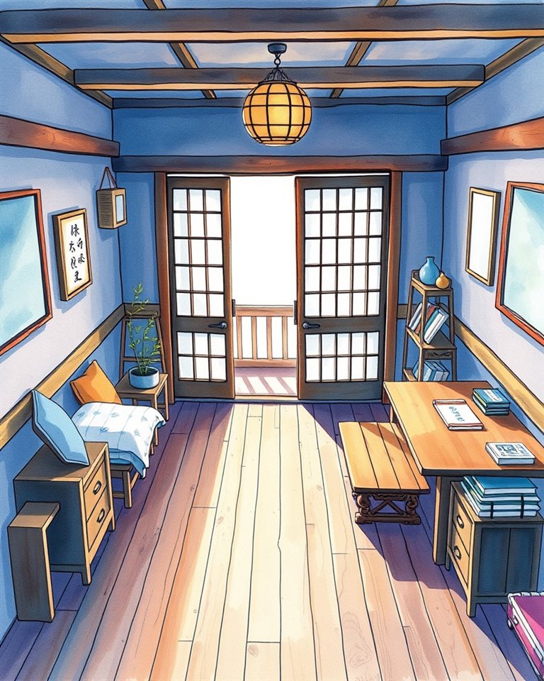 Watercolor illustration of Cozy traditional interior with warm wooden flooring and soft light passing through a paper sliding door, high-angle view from above, cool blue tones, quiet atmosphere, 4:5 aspect ratio