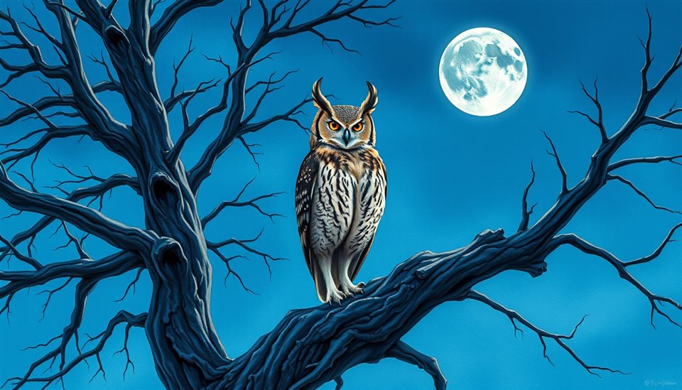 Watercolor illustration of A majestic horned owl perched on a branch of an old tree at twilight, wide shot with open space at the top for text, cool blue tones, quiet atmosphere, 16:9 aspect ratio