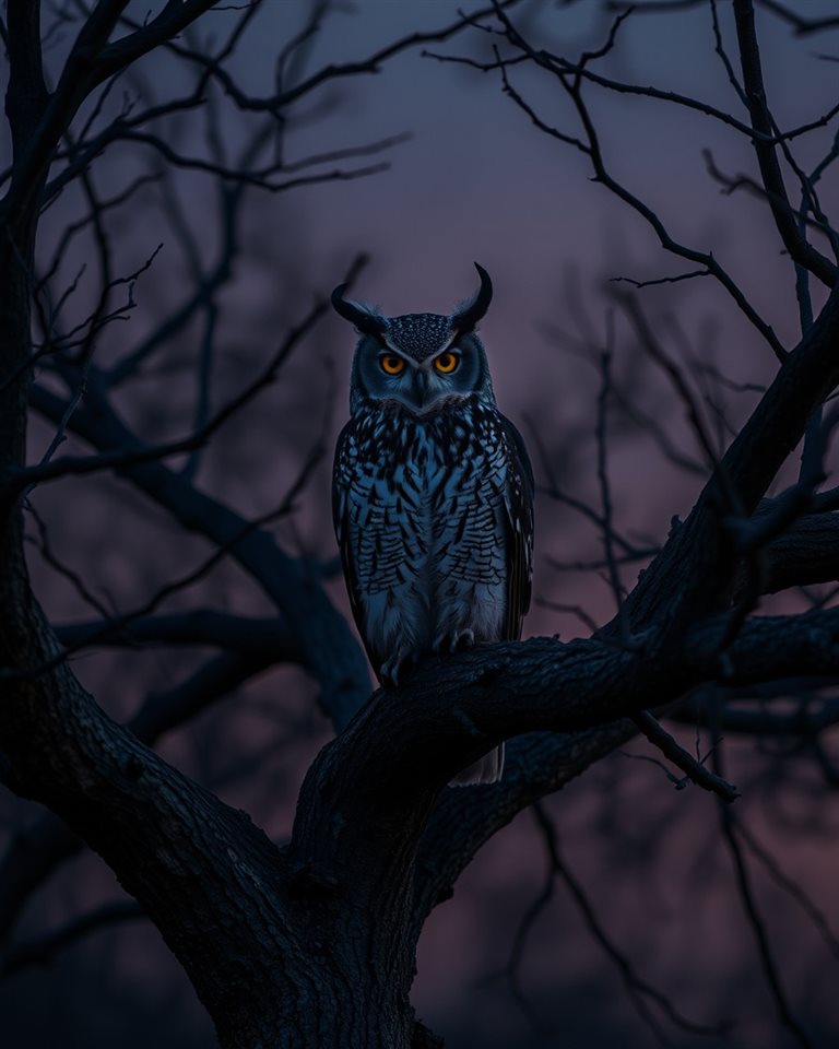 Photorealistic photo of A majestic horned owl perched on a branch of an old tree at twilight, centered subject with a simple uncluttered composition, moody dark tones, dramatic lighting, 4:5 aspect ratio
