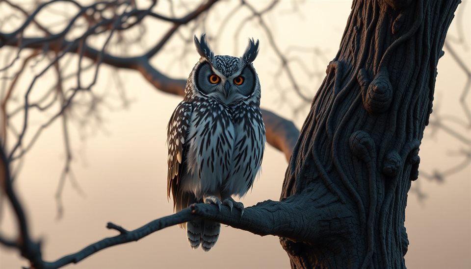 Soft 3D render of A majestic horned owl perched on a branch of an old tree at twilight, close-up detail with shallow depth of field, misty morning haze, dreamy, 16:9 aspect ratio