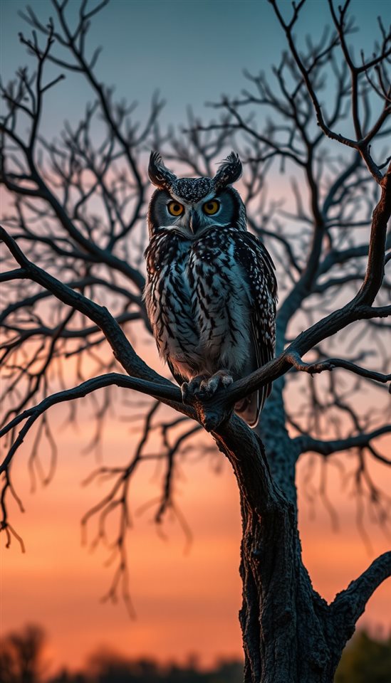 Cinematic film still of A majestic horned owl perched on a branch of an old tree at twilight, wide shot with open space at the top for text, vivid colors, high contrast, energetic, 9:16 aspect ratio
