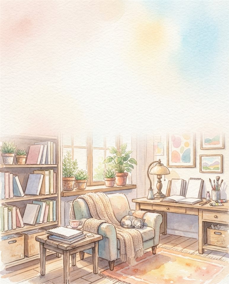 Watercolor illustration of paper texture, wide shot with open space at the top for text, soft pastel colors, bright and cozy, 4:5 aspect ratio