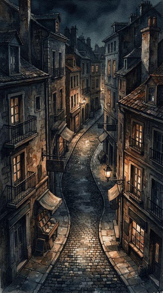Watercolor illustration of paper texture, high-angle view from above, moody dark tones, dramatic lighting, 9:16 aspect ratio