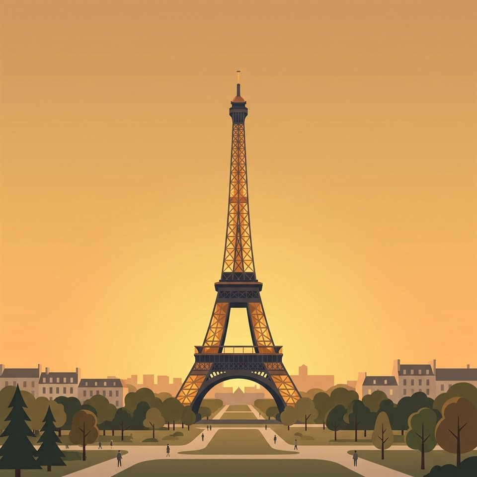 Ilustración plana minimalista de la Torre Eiffel en París, plano general con espacio abierto en la parte superior para texto, luz dorada cálida, ambiente sereno, relación de aspecto 1:1