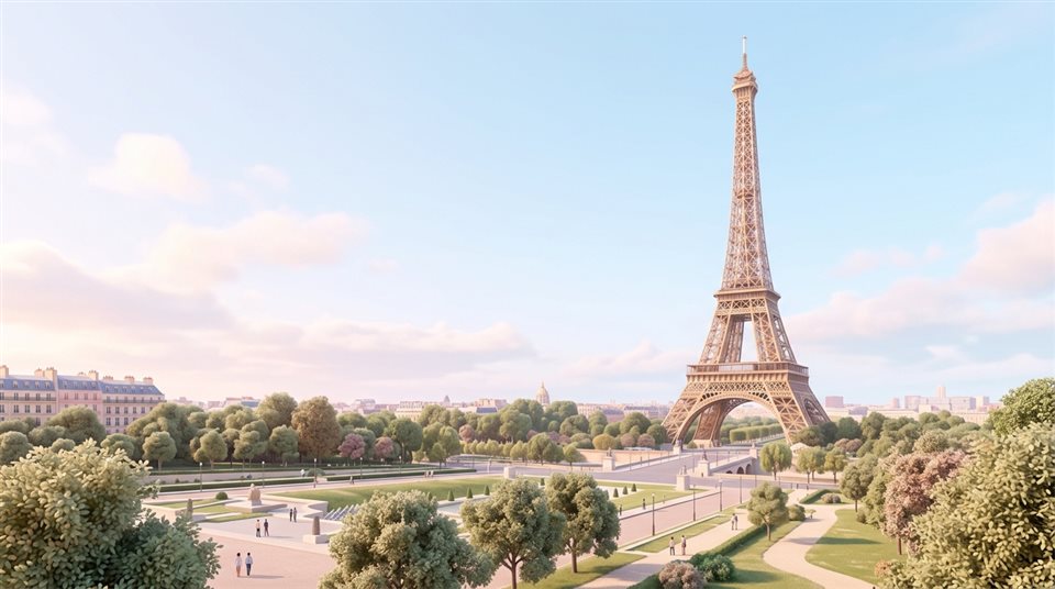 Renderizado 3D suave de la Torre Eiffel en París, plano general con espacio abierto en la parte superior para texto, colores pastel suaves, brillante y acogedor, relación de aspecto 16:9