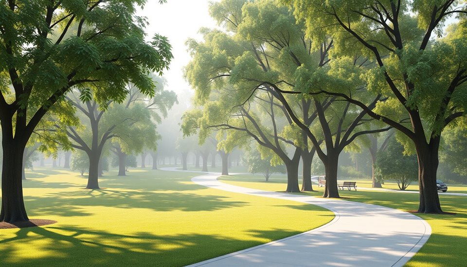 Soft 3D render of A sunny green park with large leafy trees and a winding walking path during daytime, wide shot with open space at the top for text, misty morning haze, dreamy, 16:9 aspect ratio
