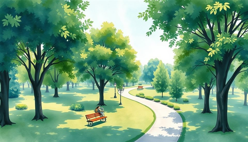 Watercolor illustration of A sunny green park with large leafy trees and a winding walking path during daytime, high-angle view from above, cool blue tones, quiet atmosphere, 16:9 aspect ratio