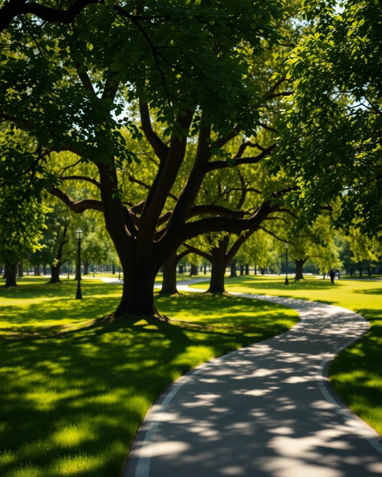 Cinematic film still of A sunny green park with large leafy trees and a winding walking path during daytime, close-up detail with shallow depth of field, vivid colors, high contrast, energetic, 4:5 aspect ratio