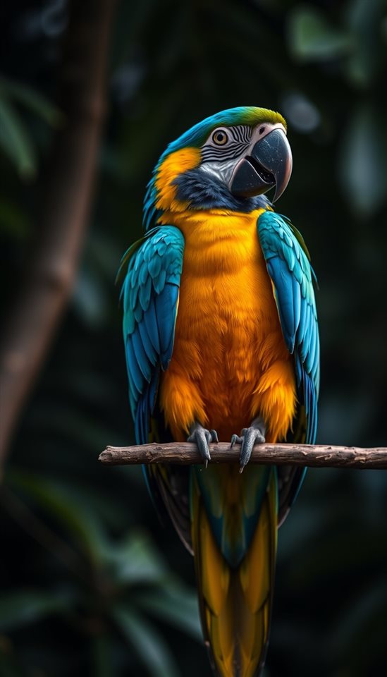 Photorealistic photo of A vibrant tropical macaw with bright blue and yellow feathers perched gracefully on a tree branch., close-up detail with shallow depth of field, moody dark tones, dramatic lighting, 9:16 aspect ratio