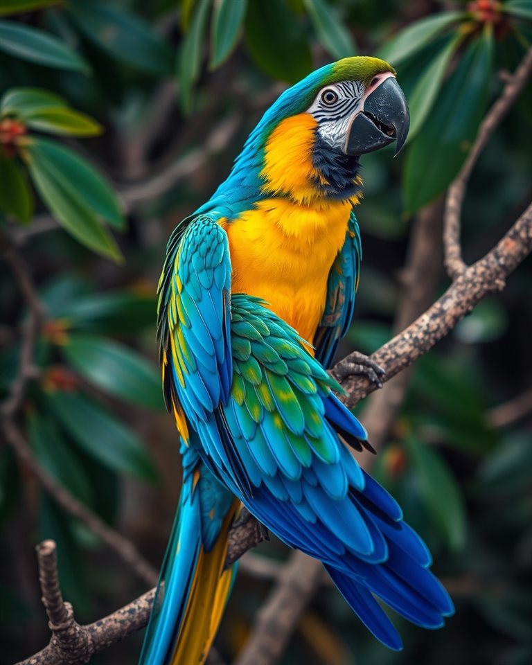 Cinematic film still of A vibrant tropical macaw with bright blue and yellow feathers perched gracefully on a tree branch., high-angle view from above, vivid colors, high contrast, energetic, 4:5 aspect ratio